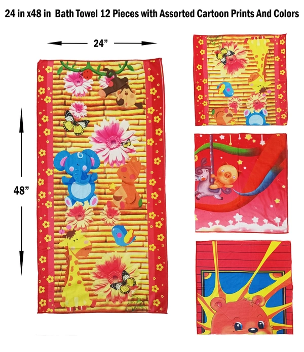 BIJKART  24 in x 48 in Bath Towel 12 Pieces with Assorted Cartoon Print And Colors - 24/48, 12
