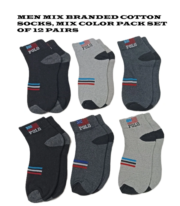 Men Mix Branded Cotton  Socks, Mix Color Pack Set Of 12 Pairs - Free, 12