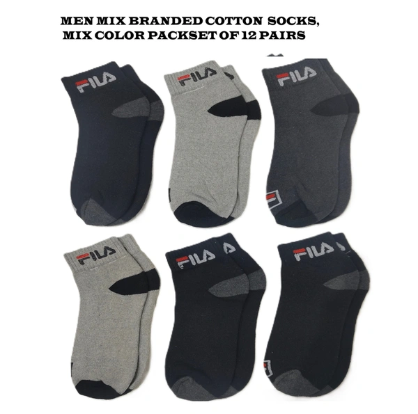 Men Mix Branded Cotton  Socks, Mix Color Pack Set Of 12 Pairs - Free, 12