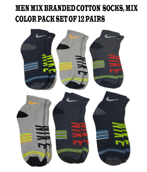 Men Mix Branded Cotton  Socks, Mix Color Pack Set Of 12 Pairs - Free, 12