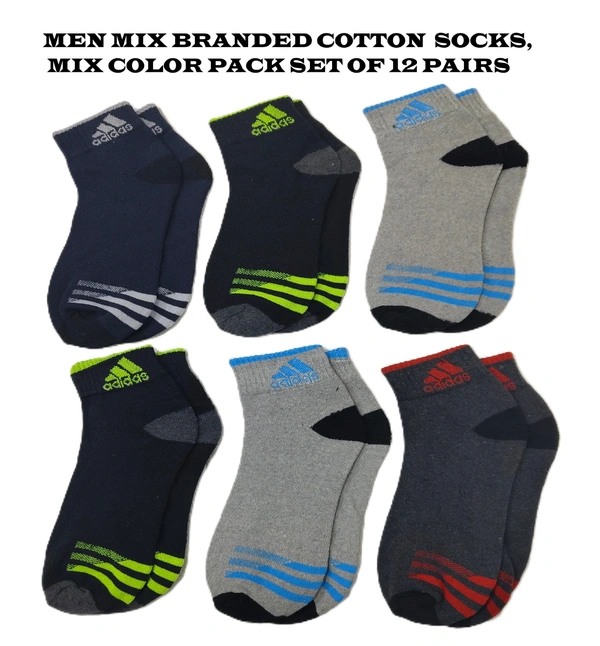 Men Mix Branded Cotton  Socks, Mix Color Pack Set Of 12 Pairs - Free, 12