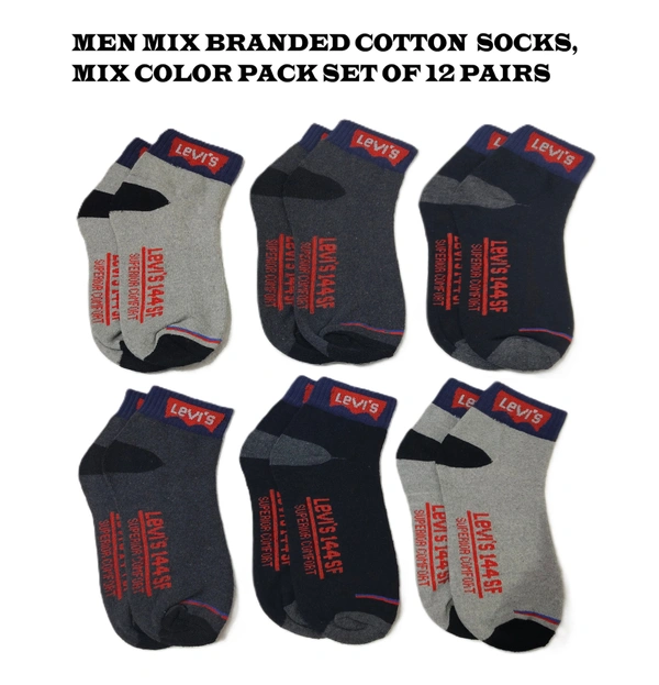 Men Mix Branded Cotton  Socks, Mix Color Pack Set Of 12 Pairs - Free, 12