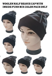 Woolen Half Beanie Cap With Inside Furr Mix Color Pack Only - Half Beanie, 6