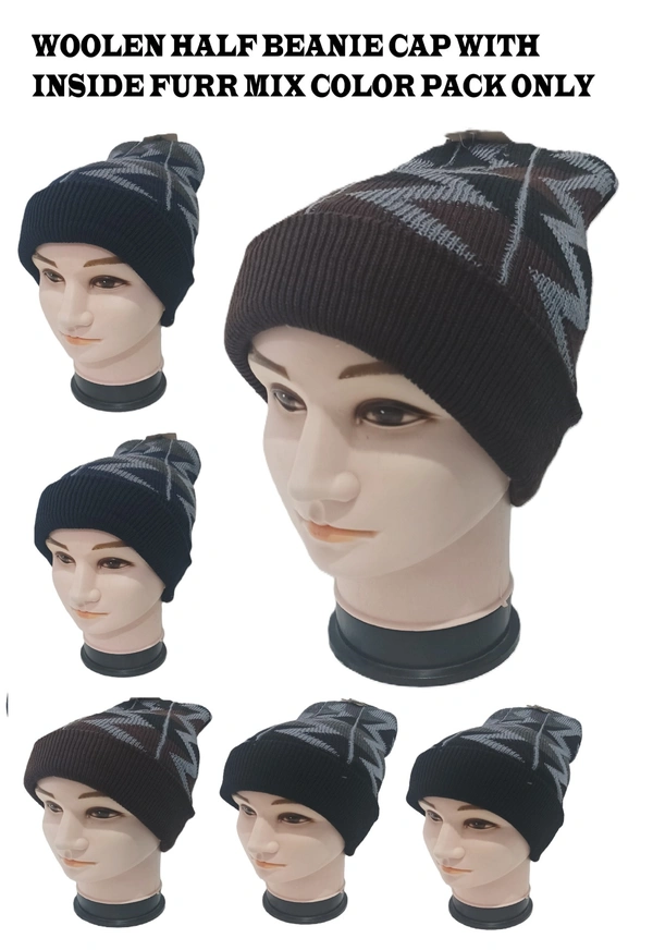 Woolen Half Beanie Cap With Inside Furr Mix Color Pack Only - Half Beanie, 6
