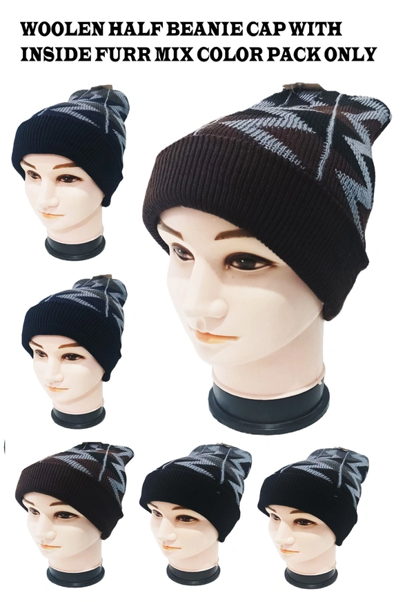 Woolen Half Beanie Cap With Inside Furr Mix Color Pack Only - Half Beanie, 6