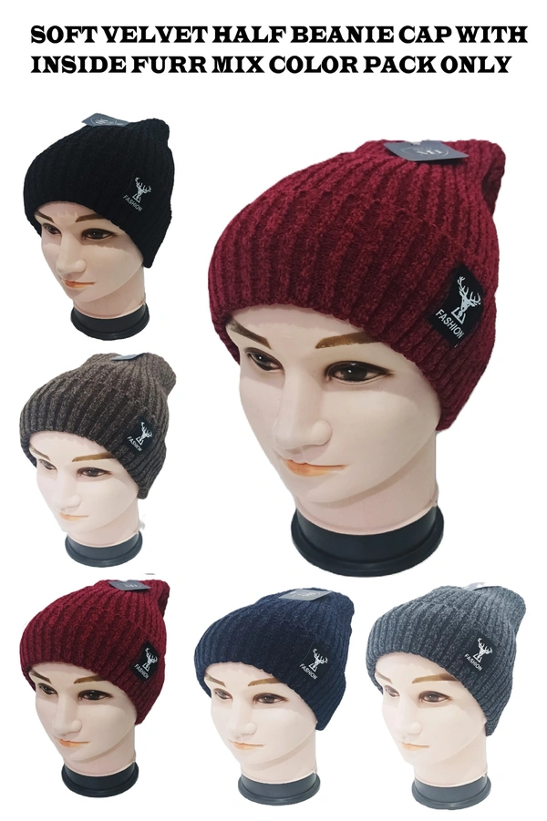 Soft Velvet Half Beanie Cap With Inside Furr Mix Color Pack Only - Half Beanie, 6