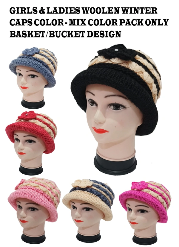 Girls And Ladies Woolen Caps Color- Mix Color Pack Only Basket/Bucket Design - Free, 6