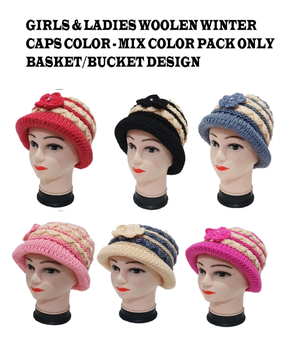 Girls And Ladies Woolen Caps Color- Mix Color Pack Only Basket/Bucket Design - Free, 6