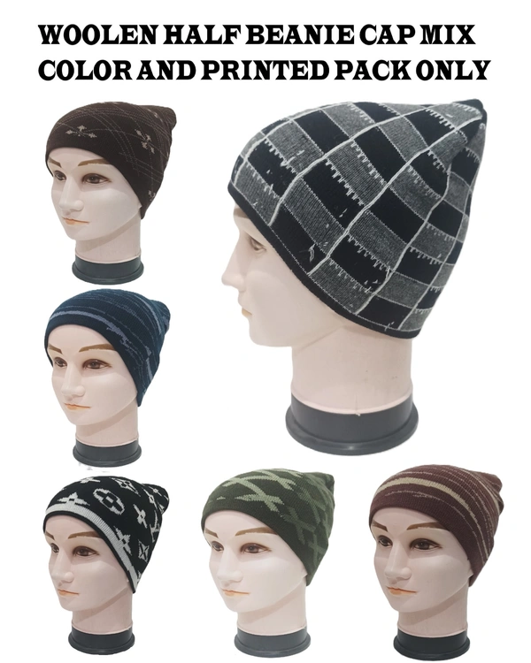 Woolen Half Beanie Cap With Inside Furr Mix Color Pack Only - Half Beanie, 6