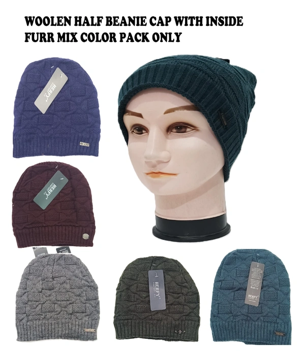 Woolen Half Beanie Cap With Inside Furr Mix Color Pack Only - Half Beanie, 6
