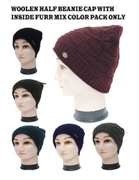 Woolen Half Beanie Cap With Inside Furr Mix Color Pack Only - Half Beanie, 6