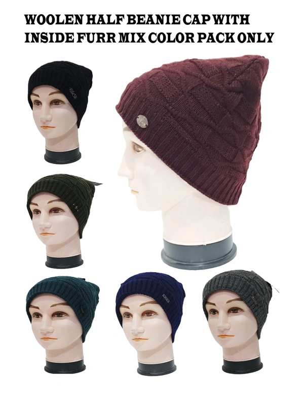 Woolen Half Beanie Cap With Inside Furr Mix Color Pack Only - Half Beanie, 6