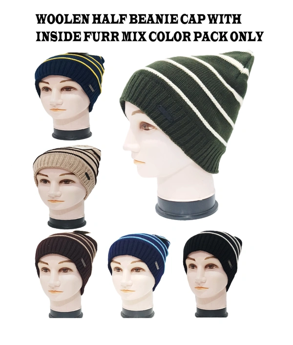 Woolen Half Beanie Cap With Inside Furr Mix Color Pack Only - Half Beanie, 6