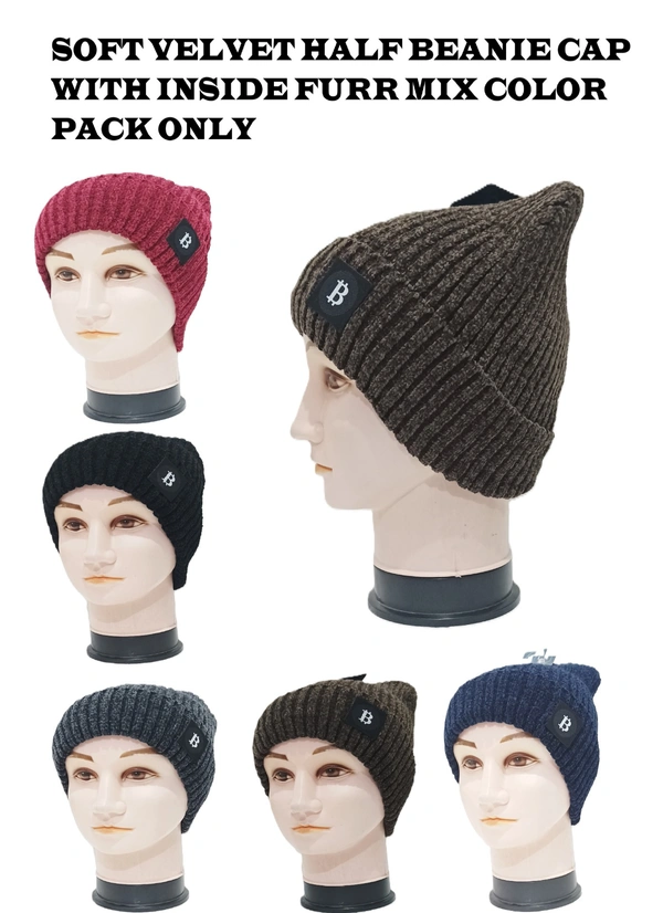 Soft Velvet Half Beanie Cap With Inside Furr Mix Color Pack Only - Half Beanie, 6