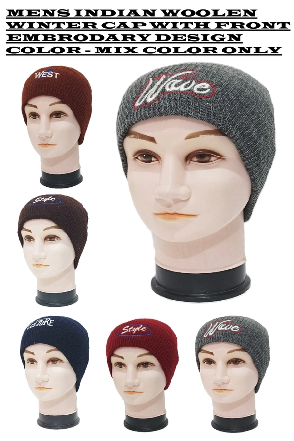 Men Indian Woolen Cap With Front Embrodary Design Color Mix Colr Pack Only - Free, 6