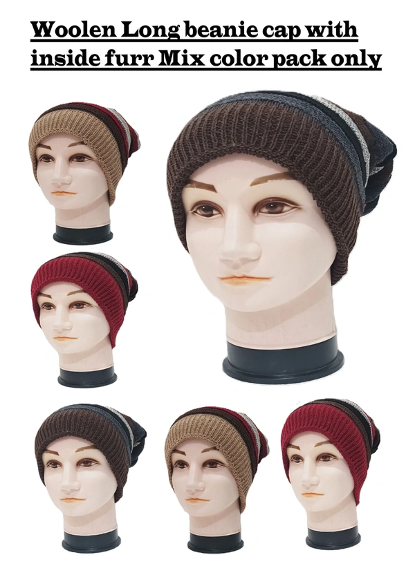 Woolen Long Beanie Cap With Inside Furr Mix Color Only - Long Beanie, 6