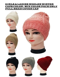 Girls And Ladies Woolen Caps With Inside Furr Mix Color Pack Only - Free, 6