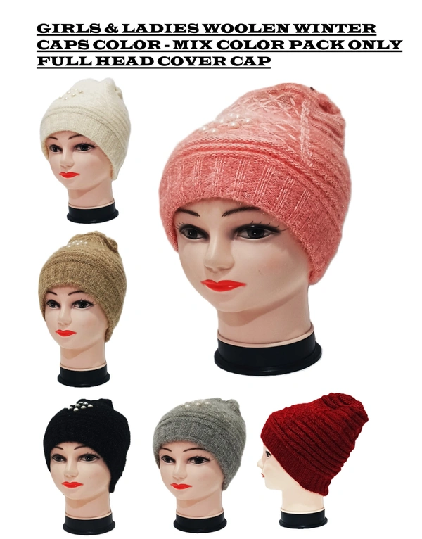 Girls And Ladies Woolen Caps With Inside Furr Mix Color Pack Only - Free, 6