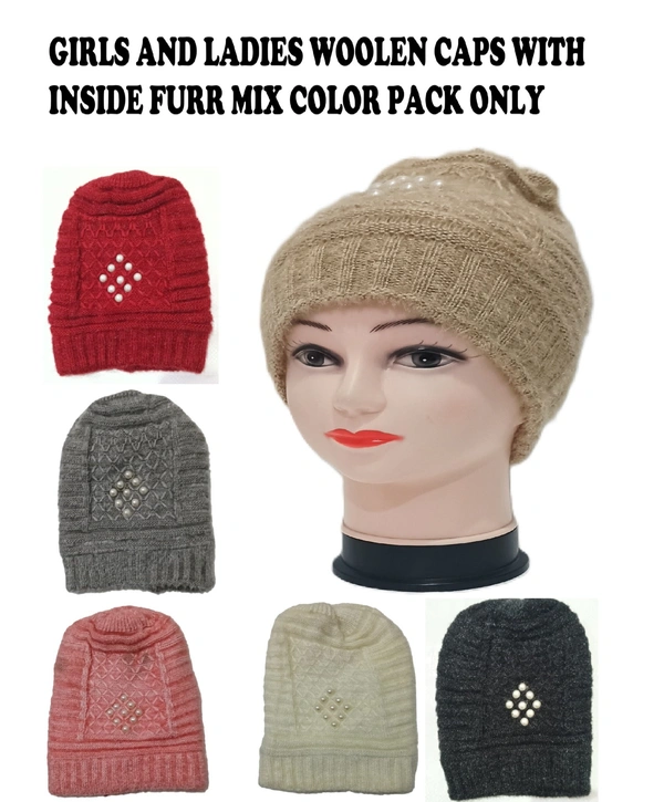 Girls And Ladies Woolen Caps With Inside Furr Mix Color Pack Only - Free, 6