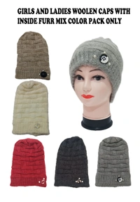 Girls And Ladies Woolen Caps With Inside Furr Mix Color Pack Only - Free, 6