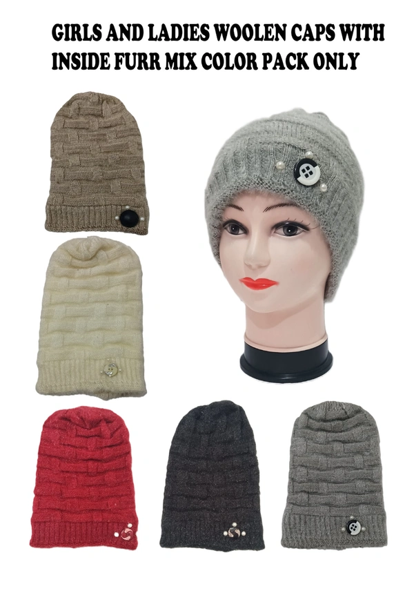Girls And Ladies Woolen Caps With Inside Furr Mix Color Pack Only - Free, 6