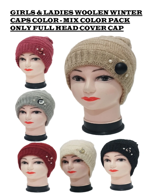 Girls And Ladies Woolen Caps With Inside Furr Mix Color Pack Only - Free, 6