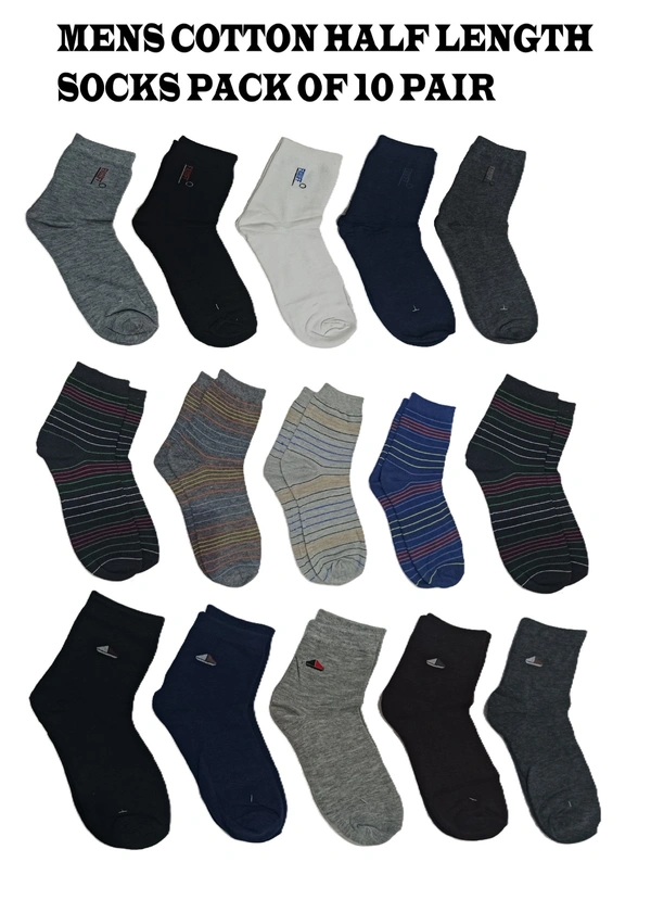 Men Mix Half Length  Cotton   Socks, Mix Color Pack Set Of 10 Pair - Free, 10
