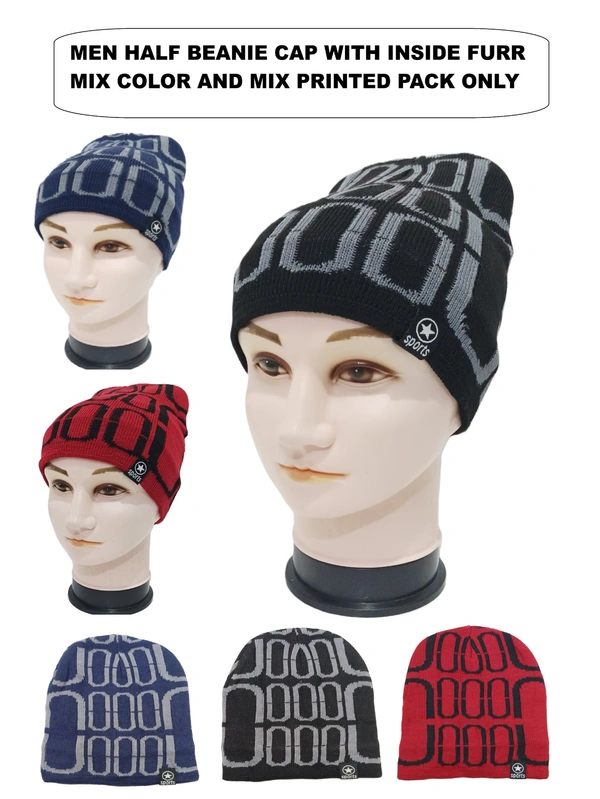 Men Half Beanie Woolen Cap With  Furr Mix Color Pack Only - Half Beanie, 6