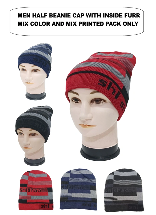 Men Half Beanie Woolen Cap With  Furr Mix Color Pack Only - Half Beanie, 6