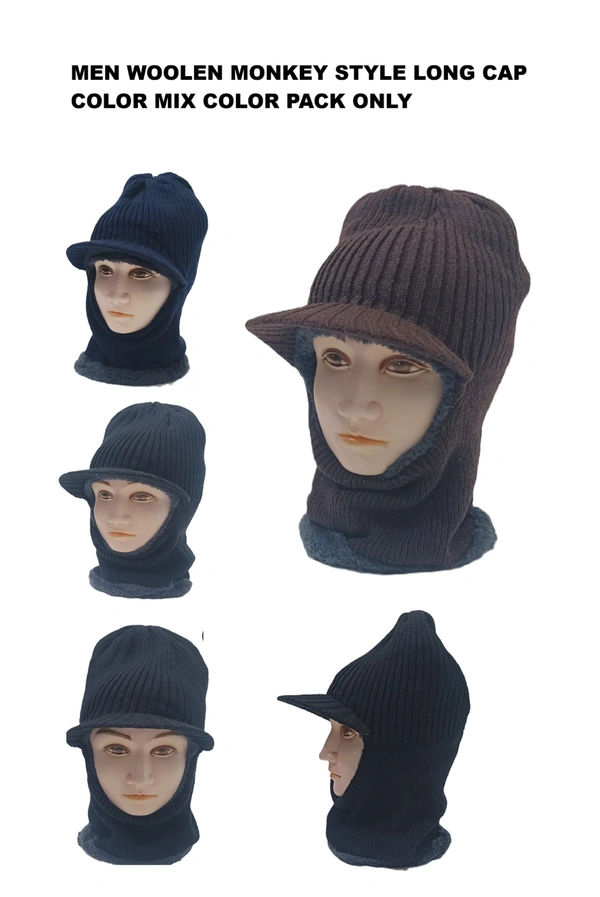 Men Woolen Monkey Style Long Cap Color Mix Color Pack Only - Free, 6