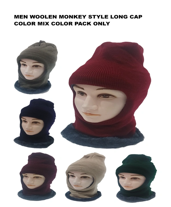 Men Woolen Monkey Style Long Cap Color Mix Color Pack Only - Free, 6