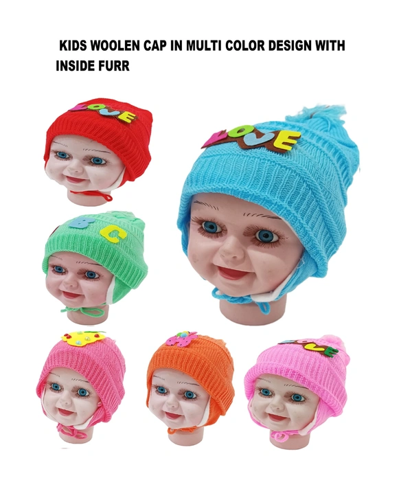 Kids Woolen Caps With Inside Furr Color-Mix Color And Mix Print Pack - For Kids, 6