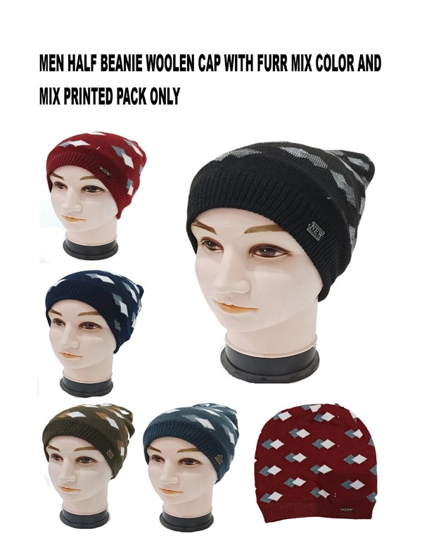 Men Half Beanie Woolen Cap With Furr Mix Color Pack Only - Half Beanie, 6