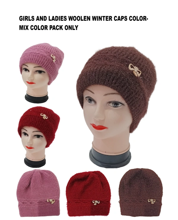 Girls And Ladies Woolen Winter Caps Color-Mix Color Pack Only - Free, 6