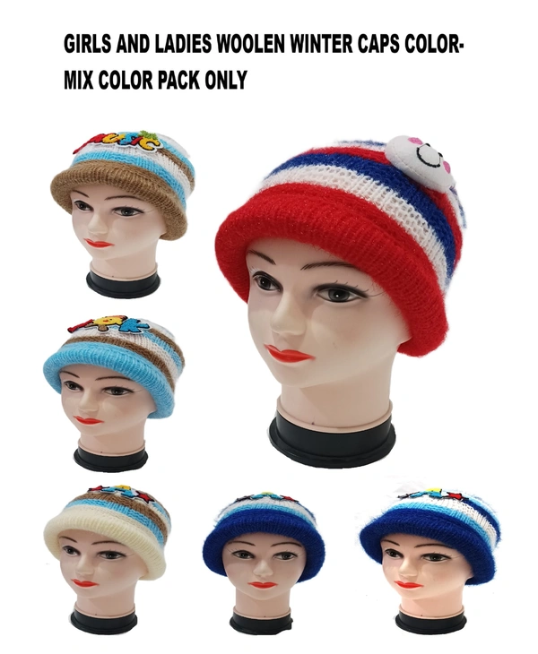 Girls And Ladies Woolen Winter Caps Color-Mix Color Pack Only - Free, 6
