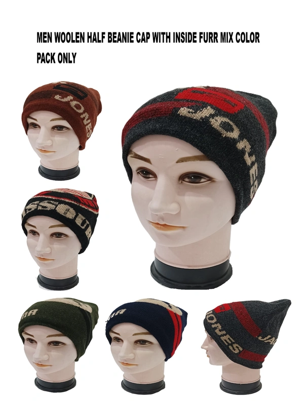 Men Half Beanie Woolen Cap With Furr Mix Color Pack Only - Half Beanie, 6