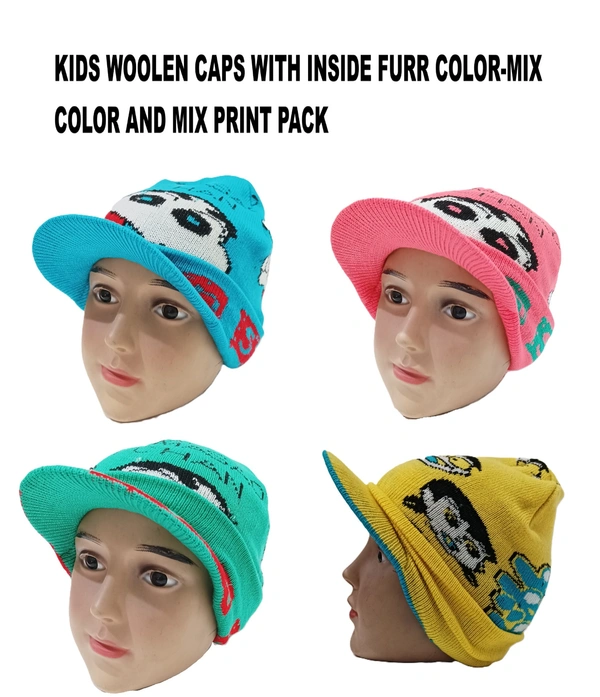 Kids Woolen Caps With Inside Furr Color-Mix Color And Mix Print Pack - For Kids, 6