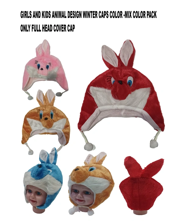Kids Girls Woolen Caps With Inside Furr Color-Mix Color - For Kids, 6