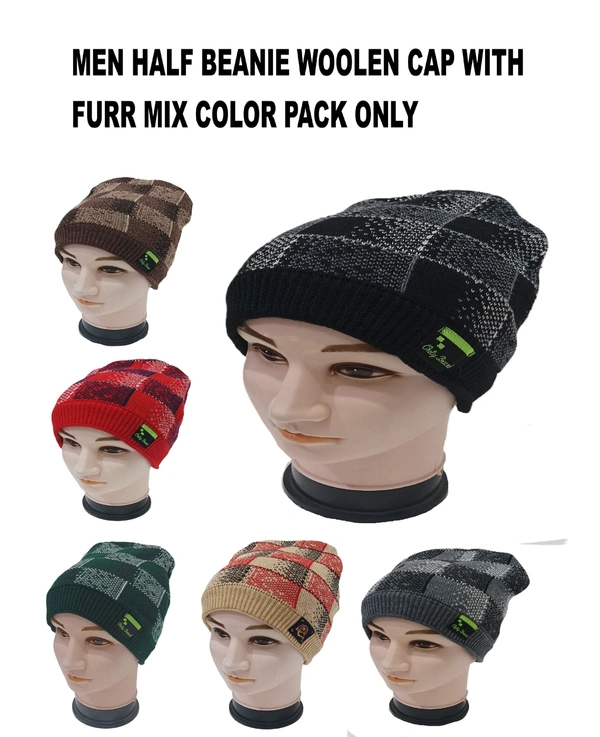 Men Half Beanie Cap With Inside Furr Mix Color Mix Printed - Half Beanie, 6