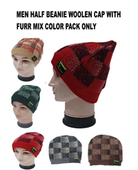 Men Half Beanie Cap With Inside Furr Mix Color Mix Printed - Half Beanie, 6