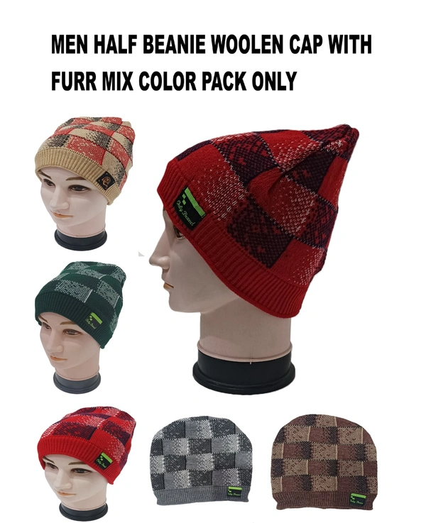 Men Half Beanie Cap With Inside Furr Mix Color Mix Printed - Half Beanie, 6