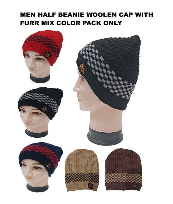 Men Half Beanie Cap With Inside Furr Mix Color Mix Printed - Half Beanie, 6