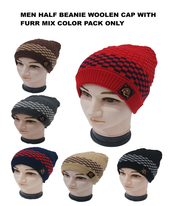 Men Half Beanie Cap With Inside Furr Mix Color Mix Printed - Half Beanie, 6