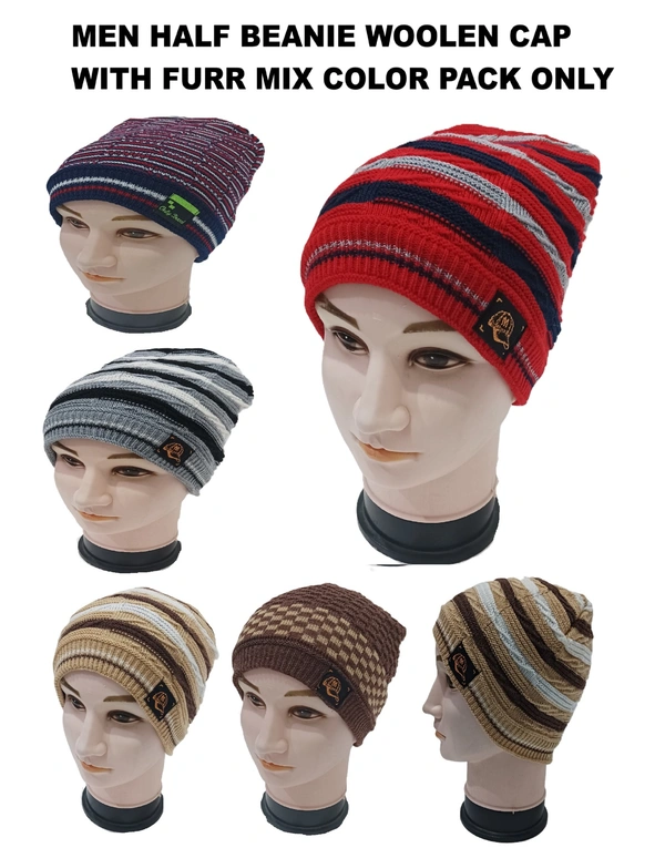 Men Half Beanie Cap With Inside Furr Mix Color Mix Printed - Half Beanie, 6