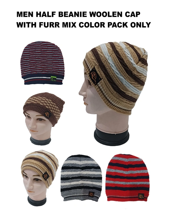 Men Half Beanie Cap With Inside Furr Mix Color Mix Printed - Half Beanie, 6