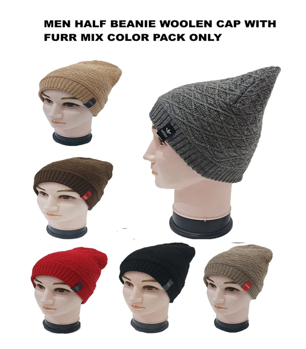 Men Half Beanie Cap With Inside Furr Mix Color Pack Only - Half Beanie, 6