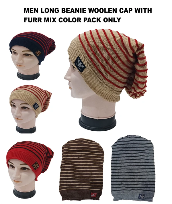 Men Long Beanie Cap With Inside Furr Mix Color Mix Printed Pack Only - Long Beanie, 6