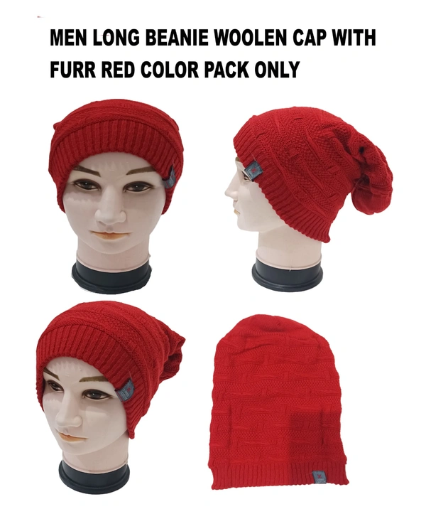 Men Long Beanie Cap With Inside Furr Red  Color Pack Only - Long Beanie, 6