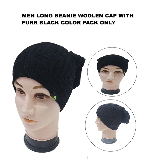 Men Long Beanie Cap Without  Furr  Black  Color Pack Only - Long Beanie, 6