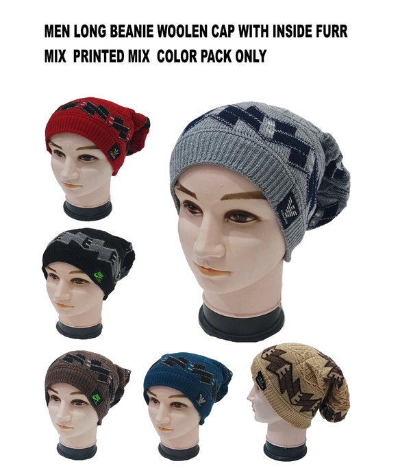 Men Long Beanie Cap With Inside Furr Mix Color Mix Printed Pack Only - Long Beanie, 6